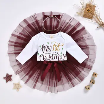2019 Новорожденная девочка 0-18 м, Рождественский комбинезон с длинными рукавами, юбка-пачка, сетчатая юбка, повязка на голову, наряды