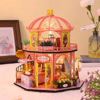 DIY Деревянный кукольный дом Японской архитектуры Casa Миниатюрные строительные наборы Кукольный домик с мебелью, подсветкой, игрушки для девочек, подарки