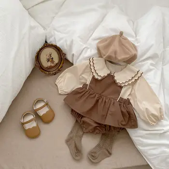Ins/Стильная одежда для маленьких девочек, однотонная весенняя рубашка для младенцев, Комбинезон, Комплект из двух предметов, Осенний милый костюм для малышей 0-3 лет
