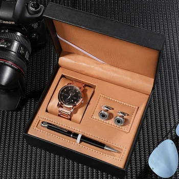 Relojes Hombre Мужские часы, кварцевый набор, деловые спортивные часы, Роскошные Водонепроницаемые наручные часы с датой и запонки, ручка, подарки для мужчин