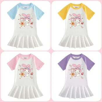 Sanrio Летнее Плиссированное платье с цветным блоком для девочек с рисунком Каваи, плиссированное платье с коротким рукавом для маленьких девочек, платья из чистого хлопка, дышащее платье