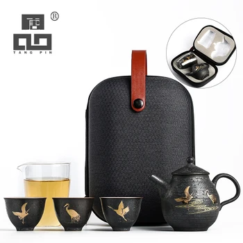 TANGPIN черная посуда, керамический чайник с 3 чашками, летающий журавль, портативный дорожный чайный набор, посуда для напитков