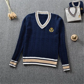 Британская школьная форма Jk, Милый вязаный свитер для мальчиков и девочек, Хлопковая школьная форма для девочек, Свитер Jk Sweet с длинным рукавом, сине-белый