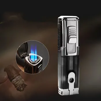 Горячая трехпламенная Металлическая Зажигалка для Сигар с прямым заподлицо, Ветрозащитное Голубое Пламя, Многофункциональный Бутик-Огнемет с прозрачной оболочкой