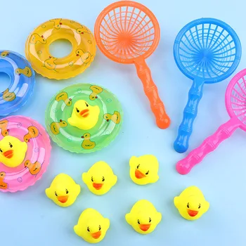 Детские Плавающие игрушки для ванны, Мини-Кольца для плавания, Резиновые Желтые Утки, Рыболовная сеть, Моющие Игрушки для малышей, водные развлечения