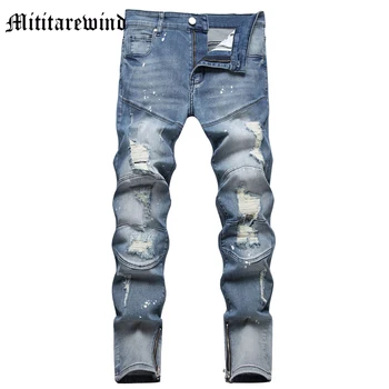 Дизайн с брызгами чернил, мужские джинсы для Хай-стрит, модные повседневные рваные джинсовые брюки с дырками, уличная одежда в стиле хип-хоп, тонкие брюки
