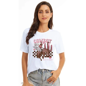 Женская футболка YRYT с короткими рукавами, весенне-летний повседневный свободный топ с ковбойским рисунком