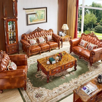 Кожаный диван из массива дерева в американском стиле, Кожаный диван в европейском стиле, Кожаная мебель для гостиной На первом этаже, Почтовые расходы на дом