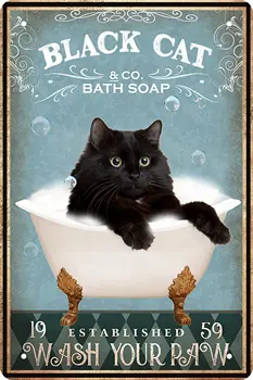 Кошка, черная кошка, раковина, Совместно мойте лапу, Металлический плакат, Черная кошка, Металлический плакат, Декор стен, Подвесной Металлический Плакат, Забавный Металлический плакат для ванной