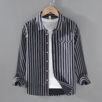 Летняя повседневная мужская рубашка с длинным рукавом из хлопка, большой размер 3XL, дизайн в черно-белую полоску, молодежный уличный топ