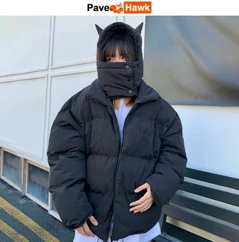 Мужская парка в стиле хип-хоп с рогами маленького дьявола, зимняя куртка с вышивкой в виде Черепа, Уличная Стеганая куртка с капюшоном Y2k Harajuku, теплое утепленное пальто