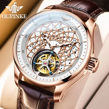 Мужские часы OUPINKE Tourbillon с роскошным кожаным ремешком и сапфировым зеркалом, Швейцарские водонепроницаемые мужские автоматические механические наручные часы