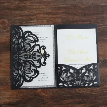 Набор приглашений на свадьбу с черным цветочным карманом элегантные свадебные открытки с серебряной рамкой с блестками персонализированная печать приглашений