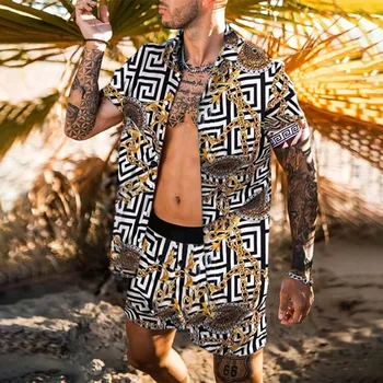 Национальный стиль, Брендовая Летняя Пляжная Мужская Гавайская рубашка, Комплект из 2 предметов, Рубашки на пуговицах, Повседневная цепочка с принтом, S-3XL