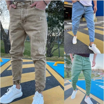 Новые Джинсовые мужские брюки с дырками, Модные цветные Леггинсы для похудения, Джинсы для мужчин