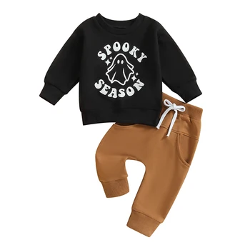 Одежда для маленьких мальчиков на Хэллоуин, толстовка с длинными рукавами и эластичными штанами с буквенным принтом 