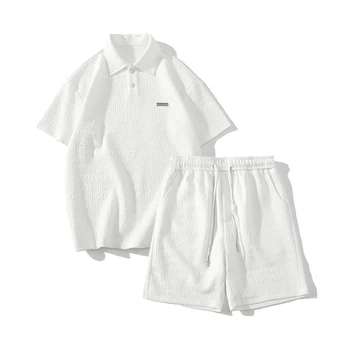 Однотонный мужской комплект с отложным воротником в спортивном стиле, летние футболки и шорты белого цвета