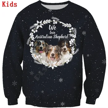 Осенне-зимние Толстовки с 3D принтом Австралийской овчарки, Пуловер, Рубашки с длинными рукавами для мальчиков и девочек, Детская Рождественская Толстовка