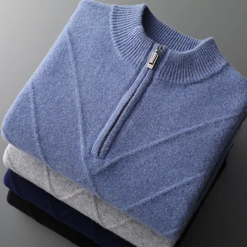 Осенне-зимний Новый мужской свитер из плотной 100% чистой шерсти с полуприкрытым воротом, Жаккардовая деловая теплая нижняя рубашка с длинными рукавами.