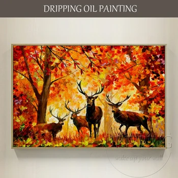 Отличная ручная роспись художника, высококачественная роспись ножом, картина маслом с оленями, яркие цвета, олени в лесу, картина маслом