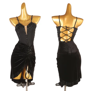 Платье для соревнований по латинским танцам Для женщин, Профессиональное Сексуальное Черное Платье со стразами Для взрослых, Женская одежда для латиноамериканских танцев Румба Ча-Ча DQL8133