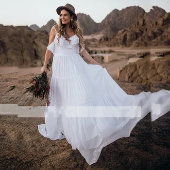 Простое белое свадебное платье с V-образным вырезом 2021, Летний стиль, Бретельки-спагетти, шлейф с открытой спиной, шифон Высокого качества на заказ
