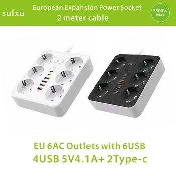 Розетка расширения ЕС, 6 розеток с портами зарядного устройства USB-A и USB-C 5V4.1A, удлинитель, 2-метровый кабель, плата питания