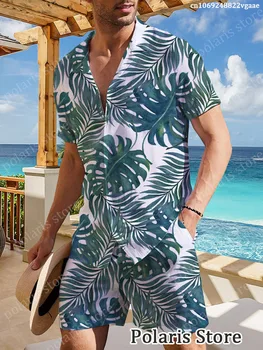 Рубашка с коротким рукавом и Принтом Тропических Пальмовых Листьев, Гавайская Рубашка с Зелеными Листьями И Шорты, Повседневная Одежда Для Пляжного Отдыха, Мужские Комплекты