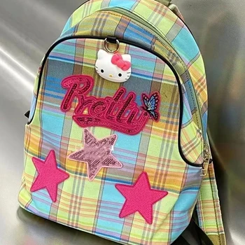 Рюкзак Большой емкости Kawaii Sanrio Hello Kitty, холст с зеленой сеткой, Модный Рюкзак для отдыха Stars The Spice Girls