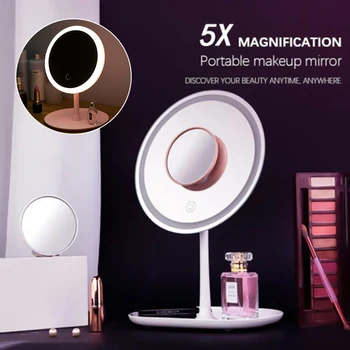 Светодиодное зеркало для макияжа с 5-кратным мини-увеличительным зеркалом, 3 настройки освещения, сенсорный экран, яркий и четкий, поворачивается на 90 градусов по вертикали