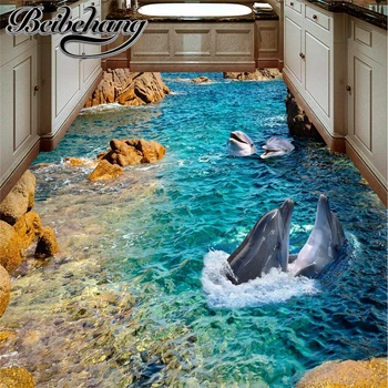 Современная наклейка beibehang 3D напольная роспись HD каменный берег дельфина, нескользящая водонепроницаемая самоклеящаяся напольная роспись из ПВХ