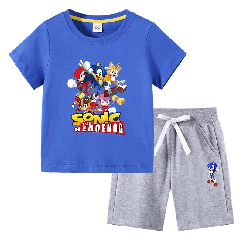 детская футболка, летняя новинка, детская одежда Sonic, корейская версия хлопчатобумажных детских брюк с короткими рукавами, костюм-двойка . ' - ' . 1