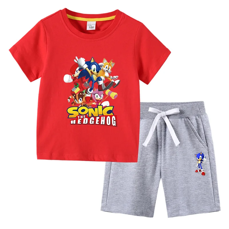 детская футболка, летняя новинка, детская одежда Sonic, корейская версия хлопчатобумажных детских брюк с короткими рукавами, костюм-двойка . ' - ' . 2