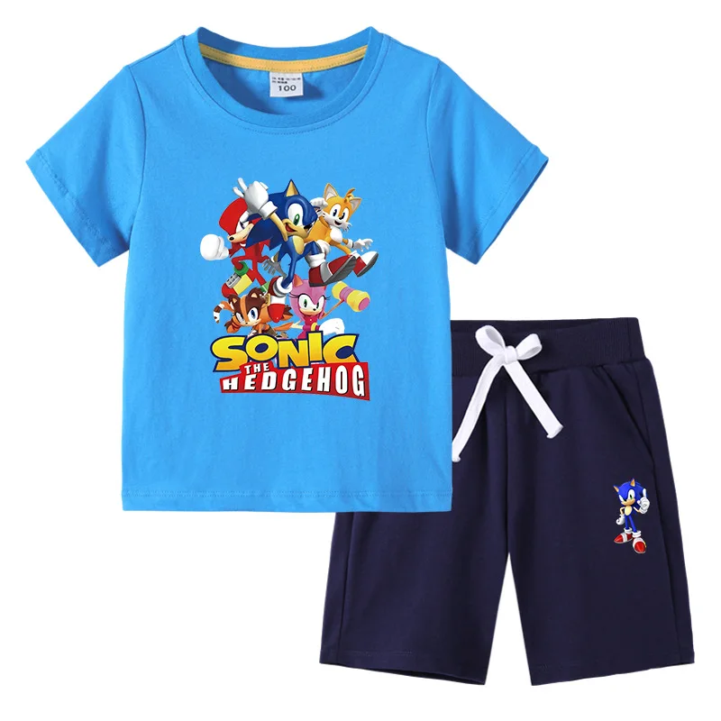 детская футболка, летняя новинка, детская одежда Sonic, корейская версия хлопчатобумажных детских брюк с короткими рукавами, костюм-двойка . ' - ' . 4