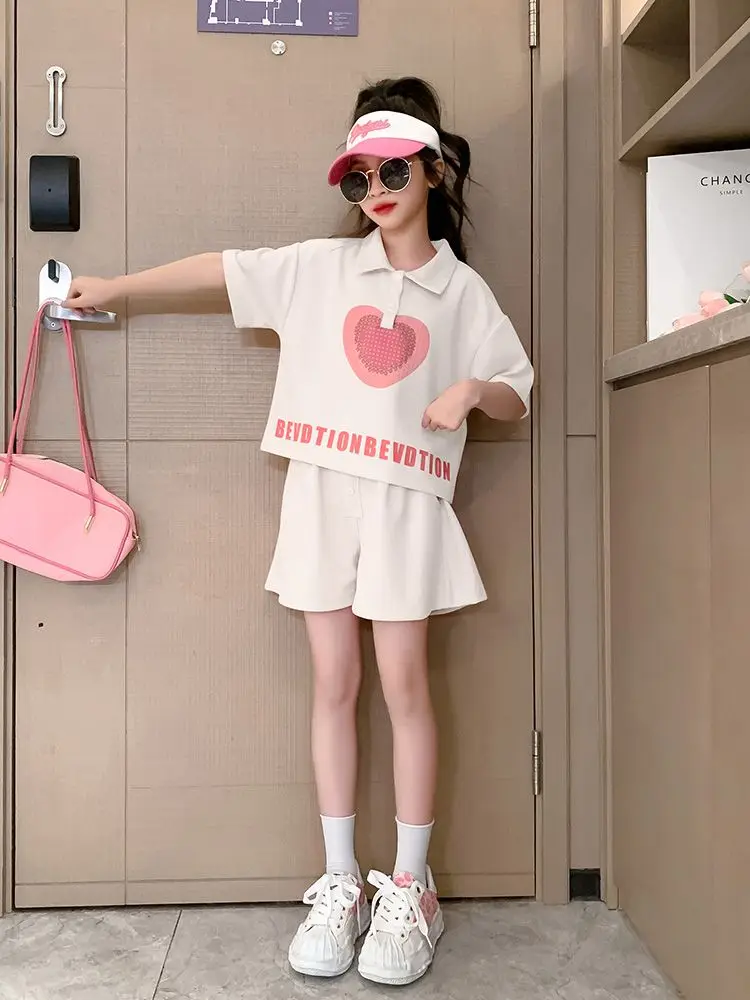 Летняя Милая рубашка поло для девочек, Шорты, пуловер из двух предметов в корейском стиле с буквенным принтом, повседневные милые детские костюмы, Детская одежда . ' - ' . 3