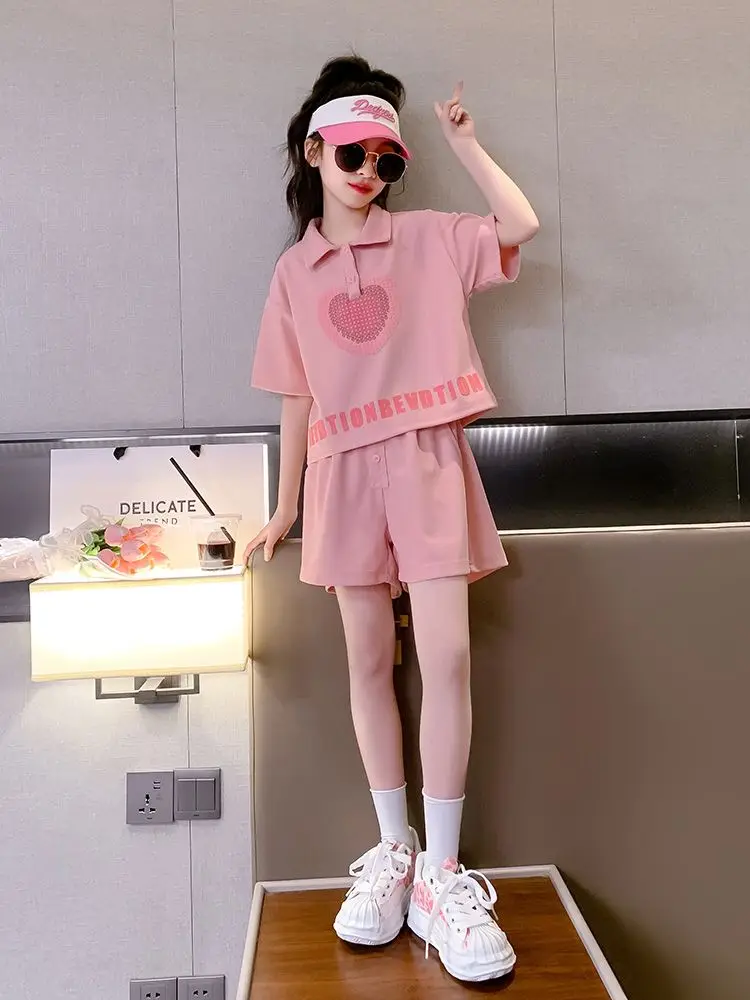 Летняя Милая рубашка поло для девочек, Шорты, пуловер из двух предметов в корейском стиле с буквенным принтом, повседневные милые детские костюмы, Детская одежда . ' - ' . 5