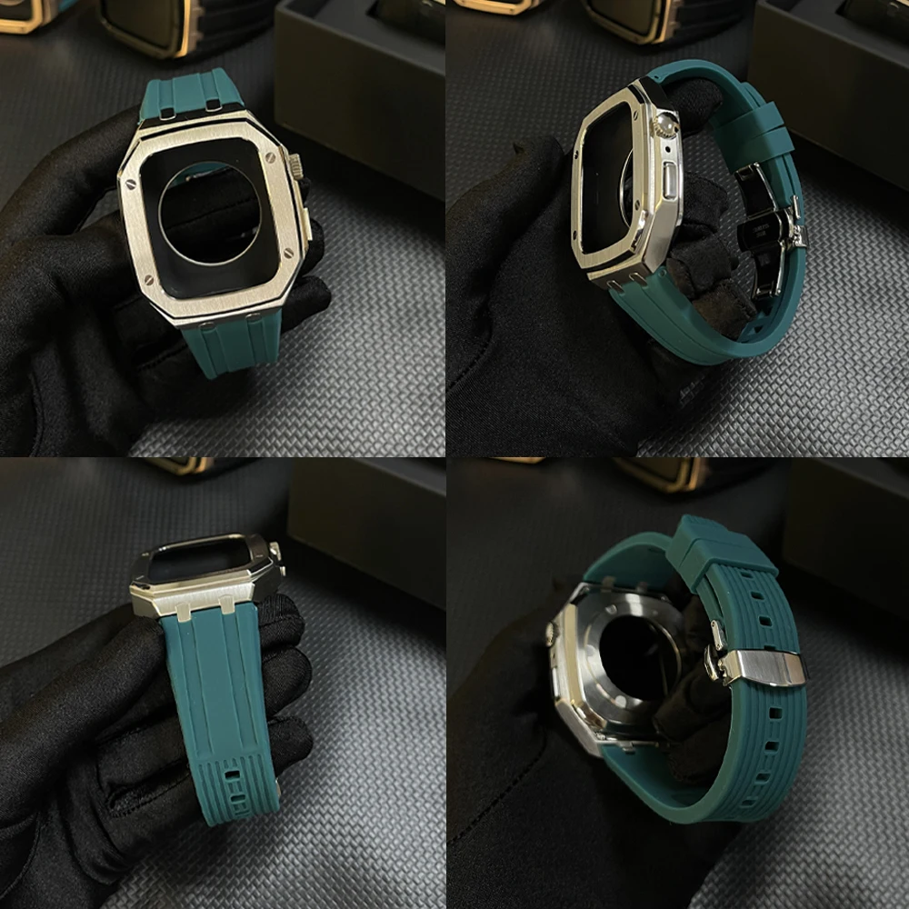 металлический корпус 44 мм + силиконовый ремешок для Apple Watch Series 8 45 мм 7 SE/6/5/4 Роскошный резиновый ремешок из нержавеющей Стали Diy Modification Kit . ' - ' . 4