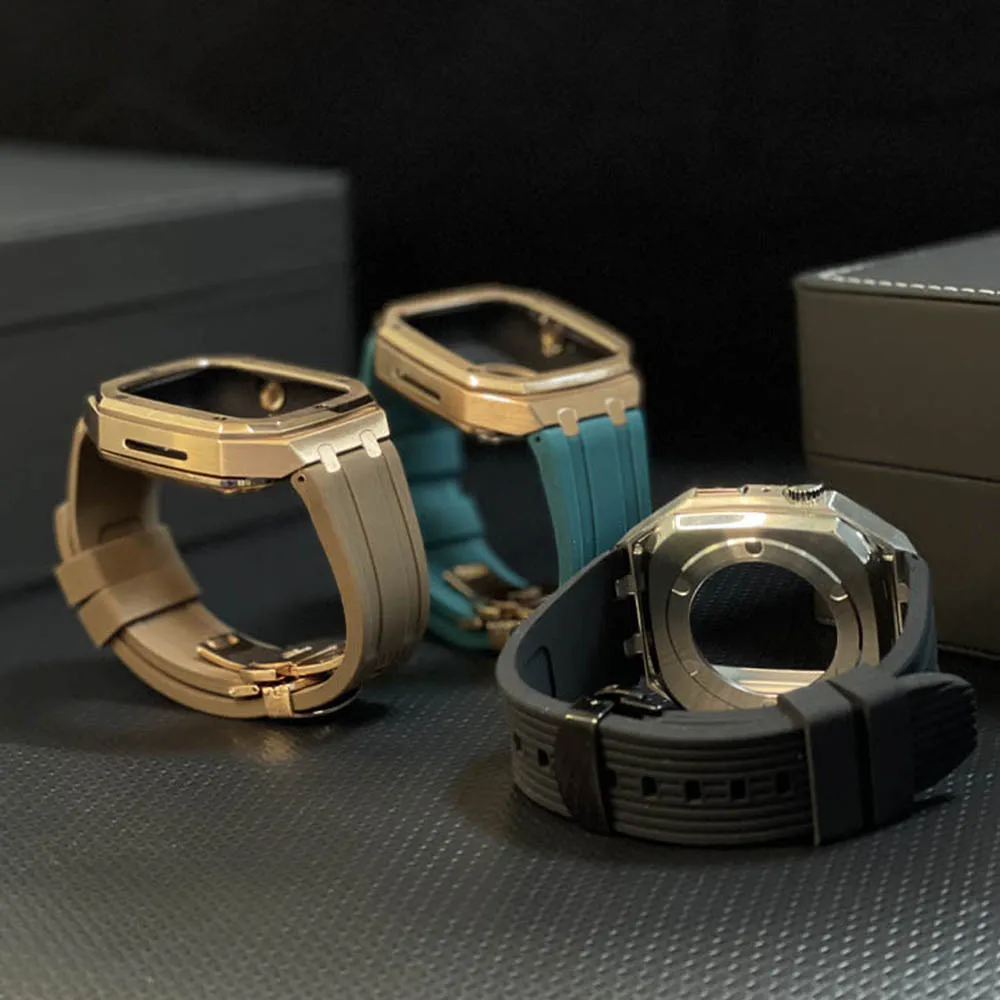 металлический корпус 44 мм + силиконовый ремешок для Apple Watch Series 8 45 мм 7 SE/6/5/4 Роскошный резиновый ремешок из нержавеющей Стали Diy Modification Kit . ' - ' . 5