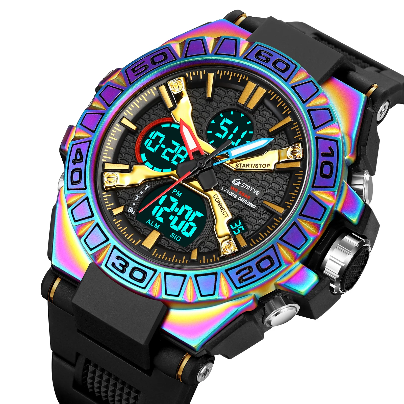 Новый Спортивный бренд STRYVE Relojs, Горячие Мужские Цифро-Аналоговые Часы с Двойным Механизмом, Светящийся Календарь 5ATM, Водонепроницаемые Часы S8025 S8026 . ' - ' . 5