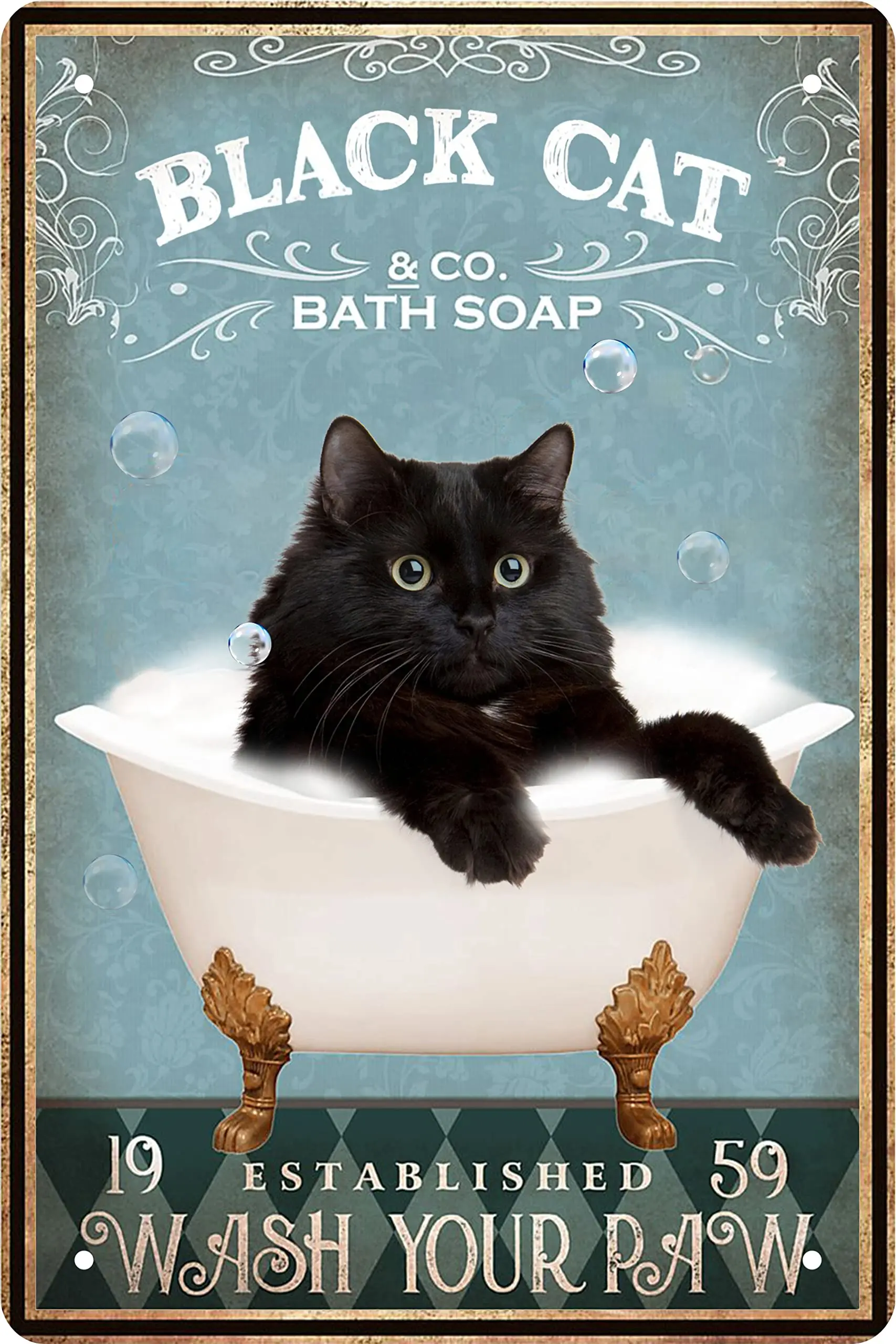 Кошка, черная кошка, раковина, Совместно мойте лапу, Металлический плакат, Черная кошка, Металлический плакат, Декор стен, Подвесной Металлический Плакат, Забавный Металлический плакат для ванной . ' - ' . 0